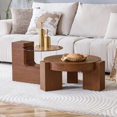 Table basse ronde 2 niveaux en verre noyer OKMYHOME (1/5)