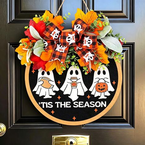 Halloween Türschild aus Holz Geist und Ahornblatt Hängedeko für Tür und Eingang (1/4)