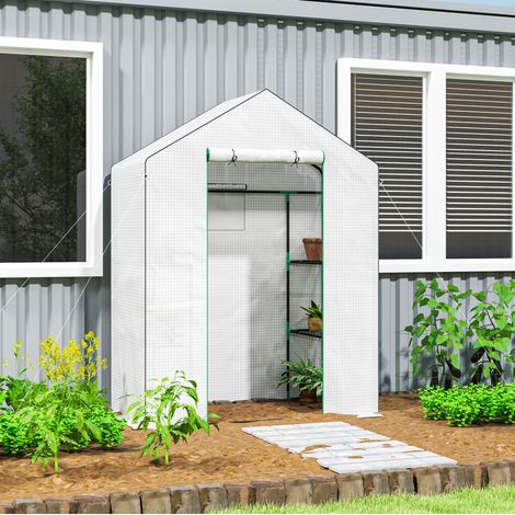 Invernadero de jardín 143x74x190 cm blanco en plástico con puerta enrollable, ventana y estantes (1/5)