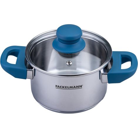 Casserole Essential Ø 14 cm en acier inoxydable, poignées en bakélite bleu foncé, fond capsulé économe en énergie, couvercle en verre inclus, bleu (1/5)