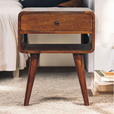Comodino nordico in legno massello marrone castagno con 1 cassetto e 1 vano aperto