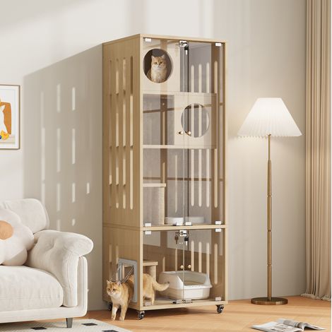 Recinto per gatti 60 x 50 x 156 cm in MDF e vetro, legno naturale, con vano contenitore FloraGrace (1/5)