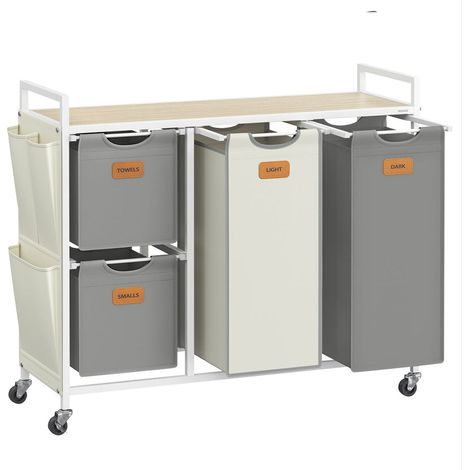 Cesto para ropa con 4 compartimentos capacidad de 150 litros contenedor con ruedas carro con estantes bolsa bolsillos laterales 6 etiquetas beige 120006659