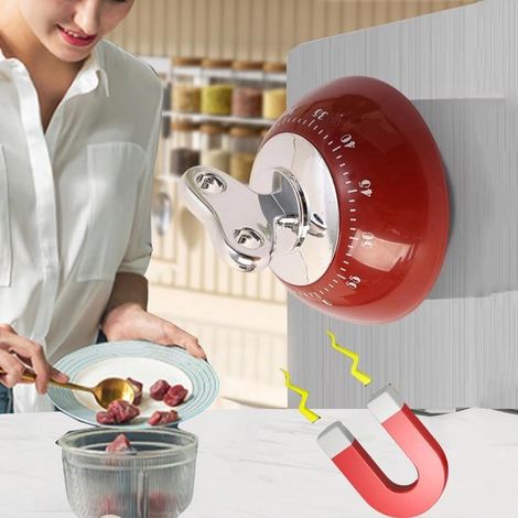 Minuteur de cuisine magnétique numérique, compte à rebours manuel, minuteur mécanique, minuteur de cuisine/douche, 7,6 x 6,5 cm (rouge) (1/5)
