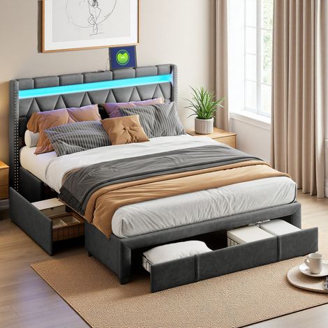 Bett 140 x 200 cm – Leinenstoff – LED UND USB – Schubladen – Jugendbettrahmen 140 x 200 cm – Grau (1/5)