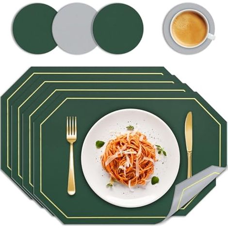 Lot de 4 sets de table, réversibles en cuir PU, avec dessous de verre, résistants à la chaleur, lavables et antidérapants, anti-taches, nettoyage facile, pour table à manger maison, restaurant, hôtel (1/5)