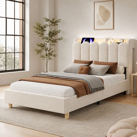 Lit enfant 90 x 200 cm en velours avec sommier, tête de lit, USB et Type-C HAVRYA (1/5)