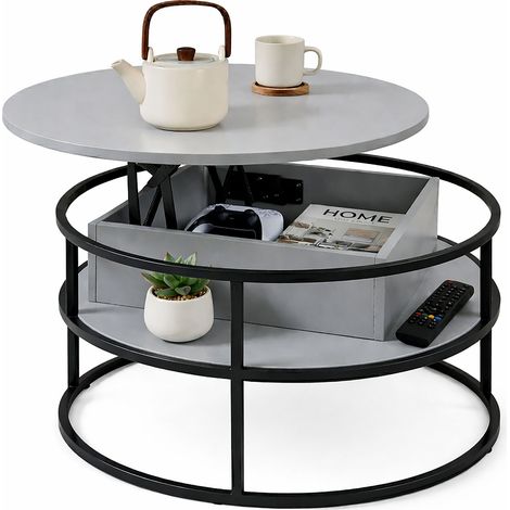 Relaxdays Tavolino salotto regolabile, con vano portaoggetti, 46x80 cm, piano sollevabile, MDF/metallo, grigio/nero
