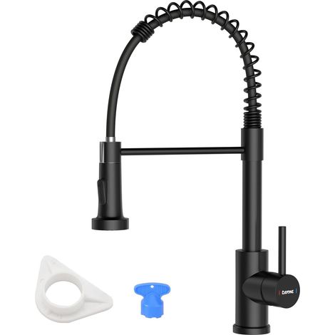 DAYONE Matte Black Kitchen Sink Taps with Pull Down Sprayer, Spring Kitchen Mixer Tap with 2 Modes Spray, 360° Swivel High Arc Single Lever Commercial Kitchen Sink Taps, UK Standard Kitchen Faucet (1/5)