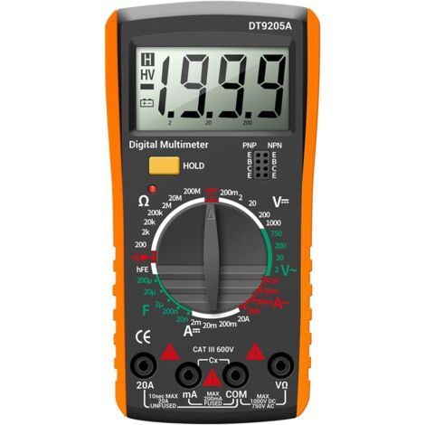 Multimètre Numérique 2000 Comptage, DT9205A CA/CC Professionnel Voltmètre, Ampèremètre, Ohmmètre, Testeur Électrique Automatique LCD, pour Tension Courant Résistance Circuit Diode Transistor (1/5)