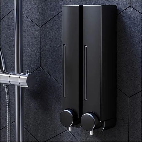 Distributeur mural de savon, shampoing 2 chambres – 380ml, fixation perforé/non perforé – salle de bain/cuisine, noir (1/4)