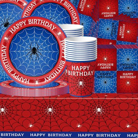 Ensemble de vaisselle de fête araignée rouge et bleue 61 pièces, thème super-héros, décorations d'anniversaire, nappe, gobelets en papier, serviettes, assiettes en papier, convient pour 20 invités (1/5)