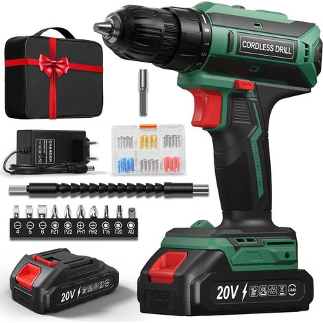 Perceuse Visseuse Sans Fil 20V, Perceuse Devisseuse Sans Fil Max 42Nm, Visseuse Devisseuse 2 Vitesses, Compatible avec Batteries, Batterie de 2000mAh, 25+1 Couple, 10mm Mandrin, LED Green (1/5)