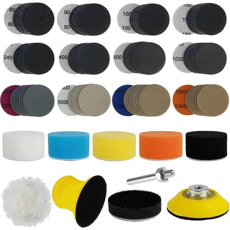 Confezione da 130 dischi abrasivi da 5 cm (2 pollici) con supporto e tampone lucidante autoaderente.