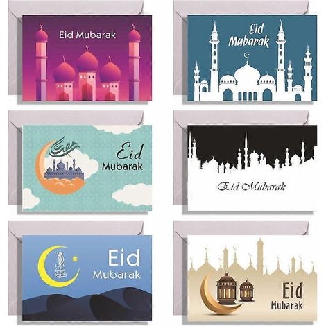 Lot de 6 cartes de vœux Eid Mubarak imprimées châteaux avec enveloppes et autocollants - Invitation traditionnelle pliable pour l'église et le Ramadan - D- (1/5)