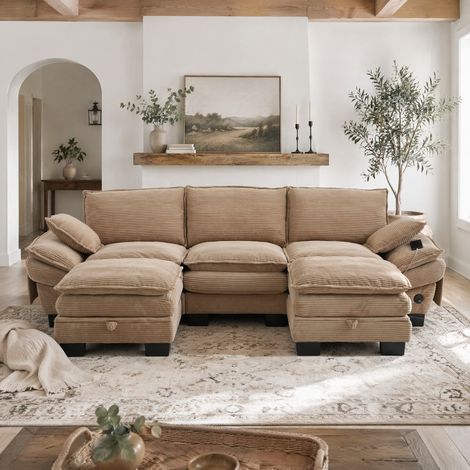 Sofá modular de 3 plazas en pana 260 x 132 x 84 cm, con 2 hockers, caqui DESVIAE (1/5)