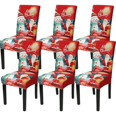 Housses de chaise de Noël extensibles pour salle à manger, lot de 6, motif Père Noël et bonhomme de neige (1/5)
