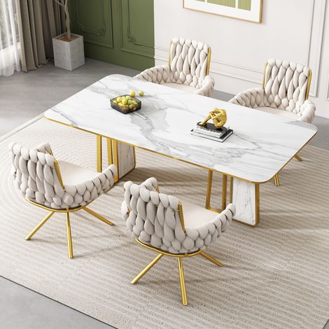 Set di 4 sedie da pranzo in velluto, poltrona singola di lusso per soggiorno, camera da letto, sedia girevole per il tempo libero con quattro gambe di supporto in metallo, beige (1/5)