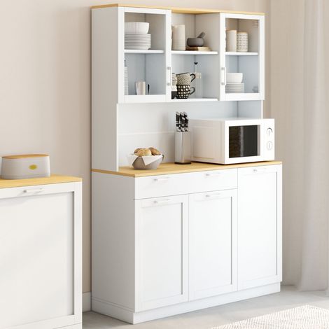 VITO Aparador de cocina acristalado de 120 cm con 5 puertas + 1 cajón blanco y encimera efecto haya