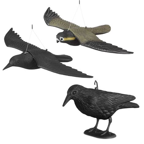 Relaxdays 3 pcs. Bird Deterrent Set, Crow, Falcon, Hang Up in Garden, Plastic Decoy, Balcony, Pigeon Repellent, Grey (1/5)