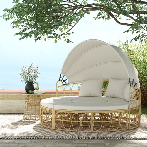 Conjunto de jardín de ratán (178x85x66.5 cm), con dos taburetes, mesa auxiliar y techo abatible, crema (1/5)