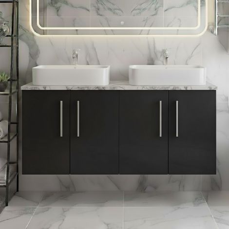Nuie Arno Wall Hung 4-Door Vanity Unit with Carrera Marble Worktop 1200mm Wide - Satin Anthracite (1/5)
