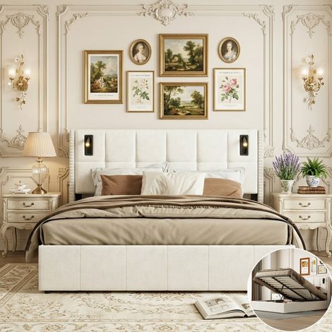 Lit rembourré, 160 x 200 cm, avec espace de rangement et lampe de lecture, avec coffre de lit hydraulique, lit fonctionnel moderne, avec sommier à lattes, en velours, beige (1/5)
