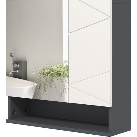 Armoire de toilette murale grise avec miroir, étagère réglable 3 niveaux, niche ouverte et rangement intérieur, design contrasté 55 x 17 x 55 cm  CHICFURN (1/5)