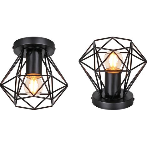 2x Plafonnier Industrielle en Métal forme Diamant Fer, Retro Suspension Cage Cube Luminaire E27 pour Salon Chambre Café Bar Restaurent Entrée Couloir Noir BLOW (1/4)