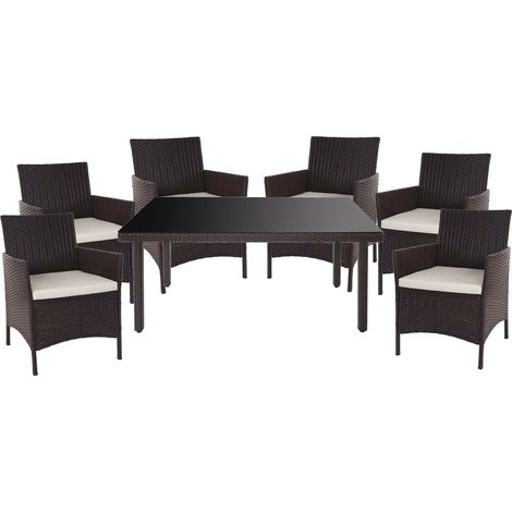 Salon de jardin en poly-rotin marron ensemble table et 6 fauteuils avec coussins crème 040004182 (1/5)