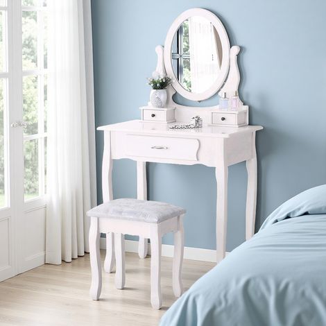 Set da toeletta bianco con sgabello, toeletta moderna con sgabello e specchio, con cassetti, tavolo in legno e sgabello imbottito per camera da letto, bagno (1/5)