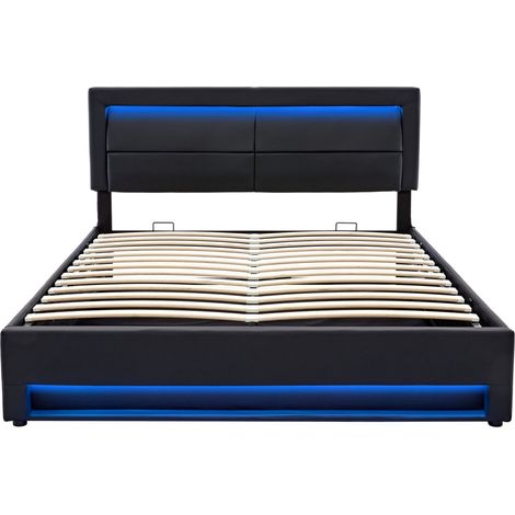Letto imbottito in PU nero 140x190 cm con contenitore, LED 12 colori, USB e ricarica wireless, rete inclusa (1/5)