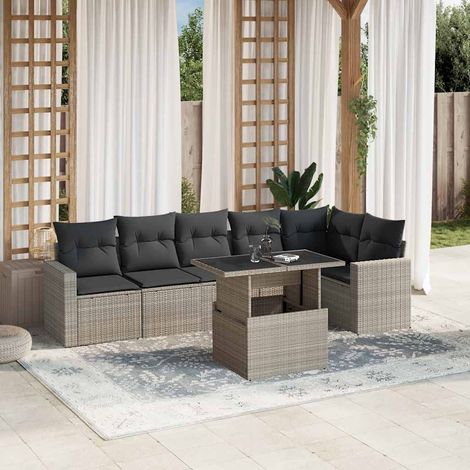 Canapé d'Angle Modulable 7 Places Gris Clair avec Table à Hauteur Réglable et Coussins Lavables - Salon de Jardin en Résine Tressée Résistante (1/5)