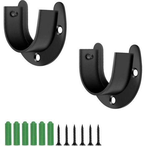 Support Tringle Penderie en Acier Inoxydable, 32 mm Réglable Support de Tige de Bride, 2 Pièces Noir Douilles de Poteau de Penderie, avec Vis, en Forme de U, pour Rideau ou Armoire (1/4)