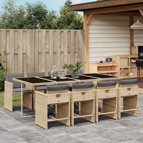 Salon de jardin 9 pièces avec 8 chaises, résine tressée beige et coussins gris clair - PANGIVO (1/5)