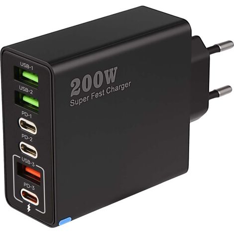 Chargeur USB-C 200W à 6 ports, chargeur rapide compact à multiples ports USB avec fonctions de protection, adapté à divers smartphones noir (1/5)