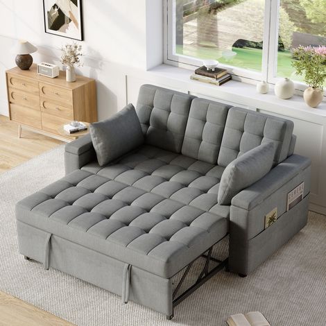 Canapé-lit 159x142.5x92 cm gris en coton et lin avec dossier réglable et rangements (1/5)