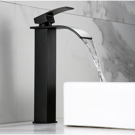 Robinet de lavabo cascade chromé , mitigeur monotrou en acier inoxydable 304, cartouche céramique durable, tuyaux antidéflagrants, économie d'eau-Modèle noir haut
