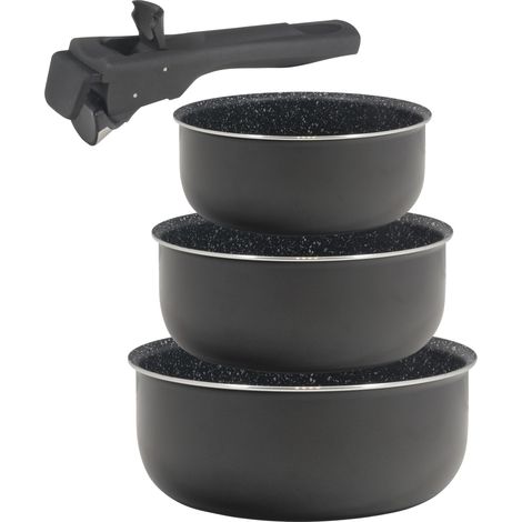 Set 3 cazos 16+18+20cm aluminio prensado apta inducción Click & cook black CON mango Click & cook (1/5)