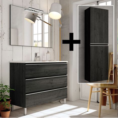 Ensemble meuble de salle de bain 140cm double vasque + colonne de rangement - ebony (bois noir) - PALMA (1/5)