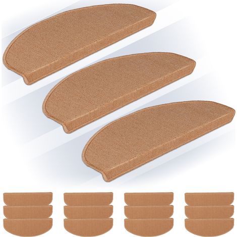 Relaxdays Stufenmatten im 15er Set, abgerundete Treppenstufenmatten, BT: 65x24 cm, selbstklebende Treppenteppiche, beige