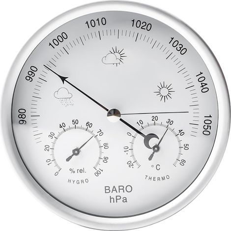 Station météo analogique : baromètre, hygromètre et thermomètre 3 en 1 pour l'intérieur et l'extérieur – Ø 13,2 cm Cadre en acier inoxydable Rétro Baromètre analogique pour surveillance de l'air (1/5)