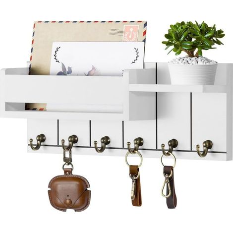 Porte-clés - Avec tablette en bois - 6 crochets - Pour entrée hall chambre salon - Blanc (1/5)