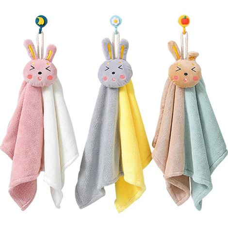 Ensemble de 3 jolies serviettes à motif lapin avec boucle de suspension, pour la cuisine et la salle de bain des enfants. (1/5)