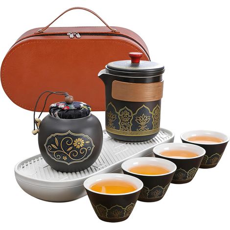 Service à thé japonais, set à thé chinois, portable, ensemble de thé japonais Kung Fu avec sac de voyage, 1 théière (270 ml) + 1 bidon à thé (45 g) + 4 tasses à thé (40 ml) pour les voyages et la (1/5)