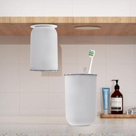Porte-brosse à dents magnétique mural, 2-en-1 acier inoxydable avec gobelet rince-bouche, salle de bain, couple, famille, style simple - Blanc (1/5)