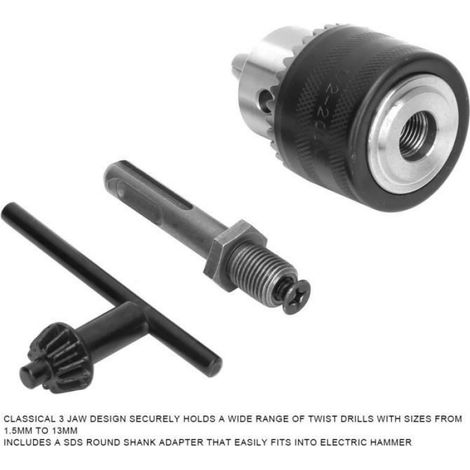 Mandrin de perceuse - Acier - 1,5-13mm - 1/2-20UNF - Adaptateur SDS - 3 mors à clé (1/4)