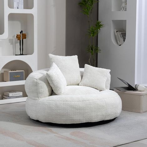 Canapé fauteuil pouf sans montage, assise haute, 3 coussins, chenille beige (1/5)