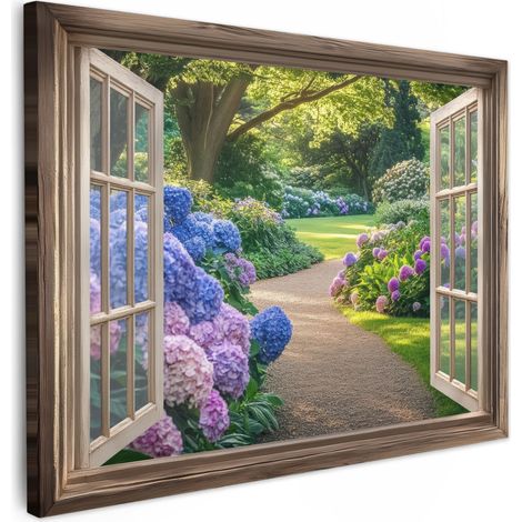 TABLEAU SUR TOILE Vue - Jardin - Fenêtre - Hortensia - Fleurs Tableau Décoration Murale Salon Tableaux muraux 80x60 cm