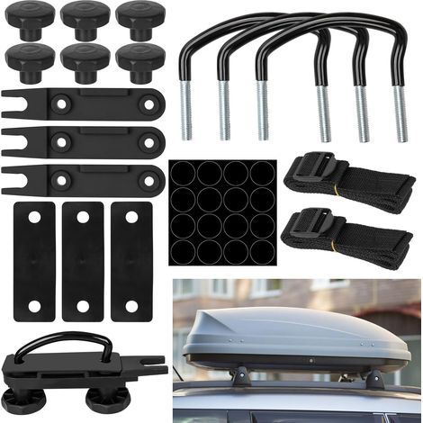 Kit de fixation universel pour coffre de toit (4 pièces) comprenant : supports muraux, équerres en U, 8 écrous de blocage robustes et 2 sangles. (1/5)
